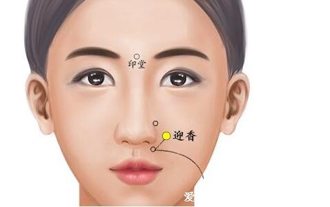 迎香穴位位置圖，位于鼻翼兩側(cè)1厘米皺紋處(緩解感冒鼻塞/止鼻血)